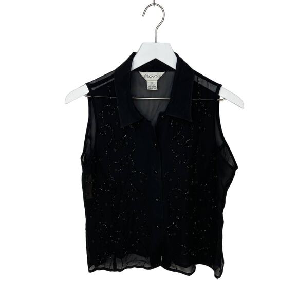 Y2K Sheer Silk Beaded Sleeveless Button Up Blouse - Women's Size M - Picture 1 of 5